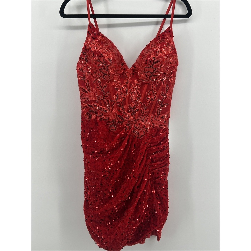NWT Glitz & Glam Red Sheer Corset Lace Sequin Homecoming Dress Size 8